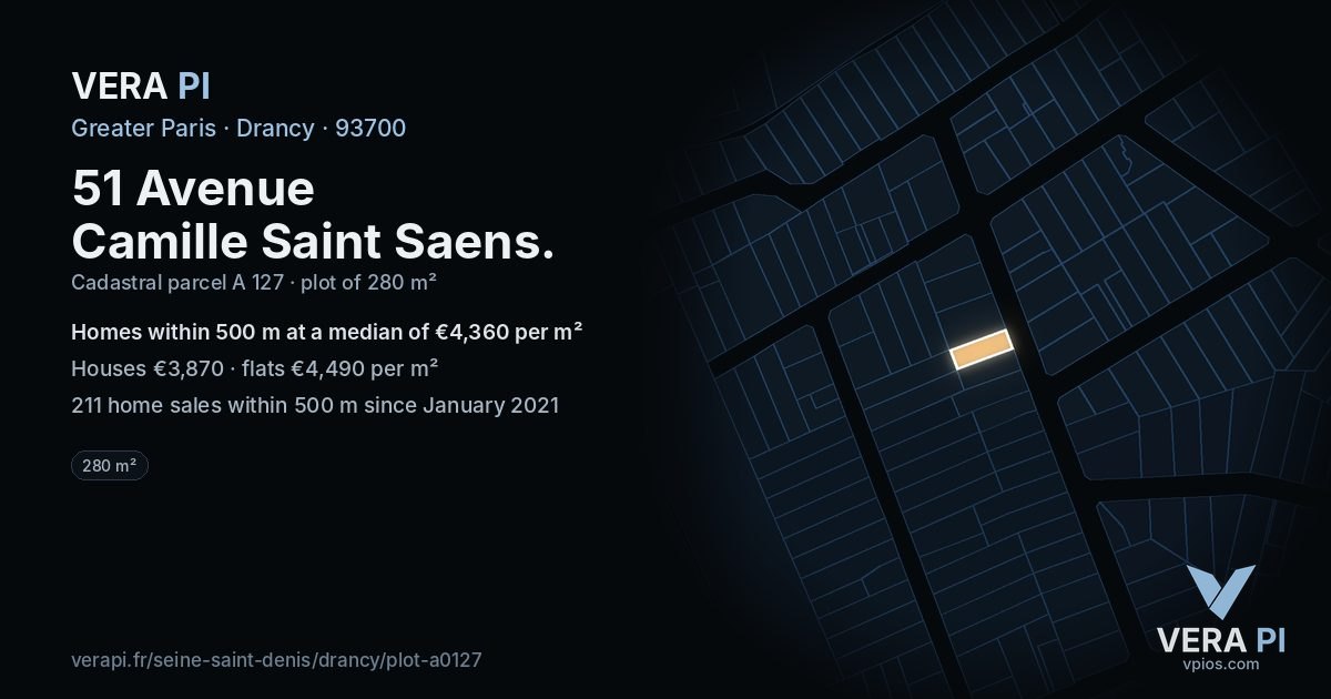 51 Avenue Camille Saint Saens, Drancy at night – the plot lit, the parcels around coloured by the prices near them