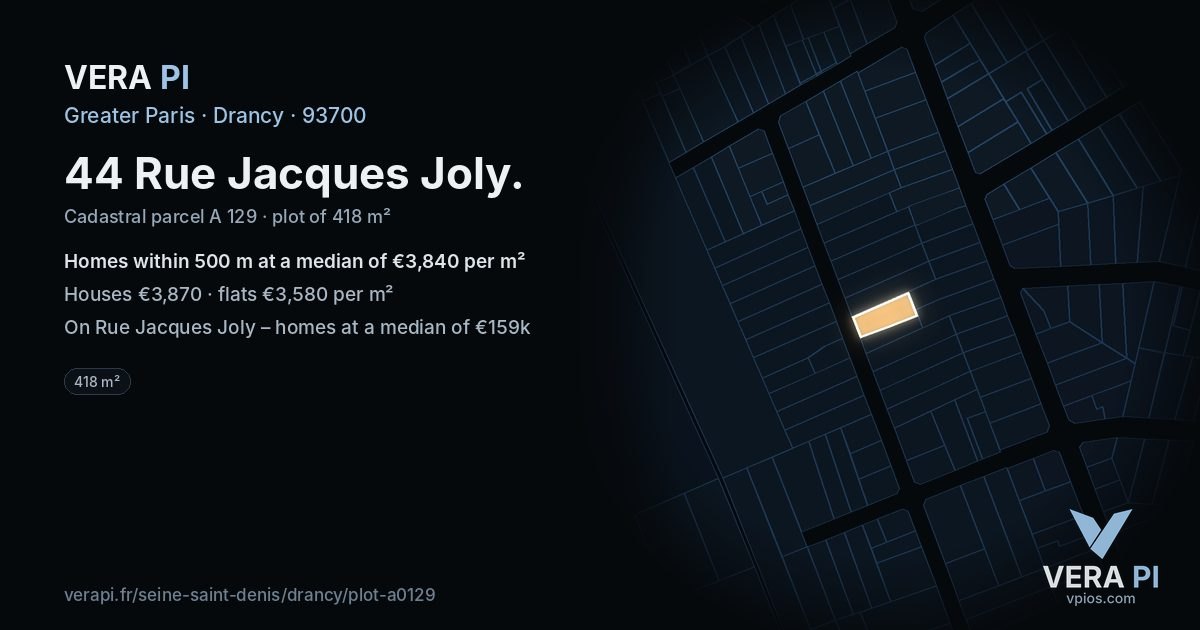 44 Rue Jacques Joly, Drancy at night – the plot lit, the parcels around coloured by the prices near them