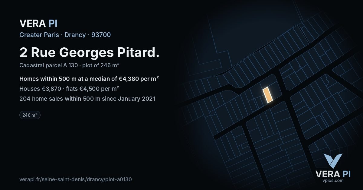 2 Rue Georges Pitard, Drancy at night – the plot lit, the parcels around coloured by the prices near them