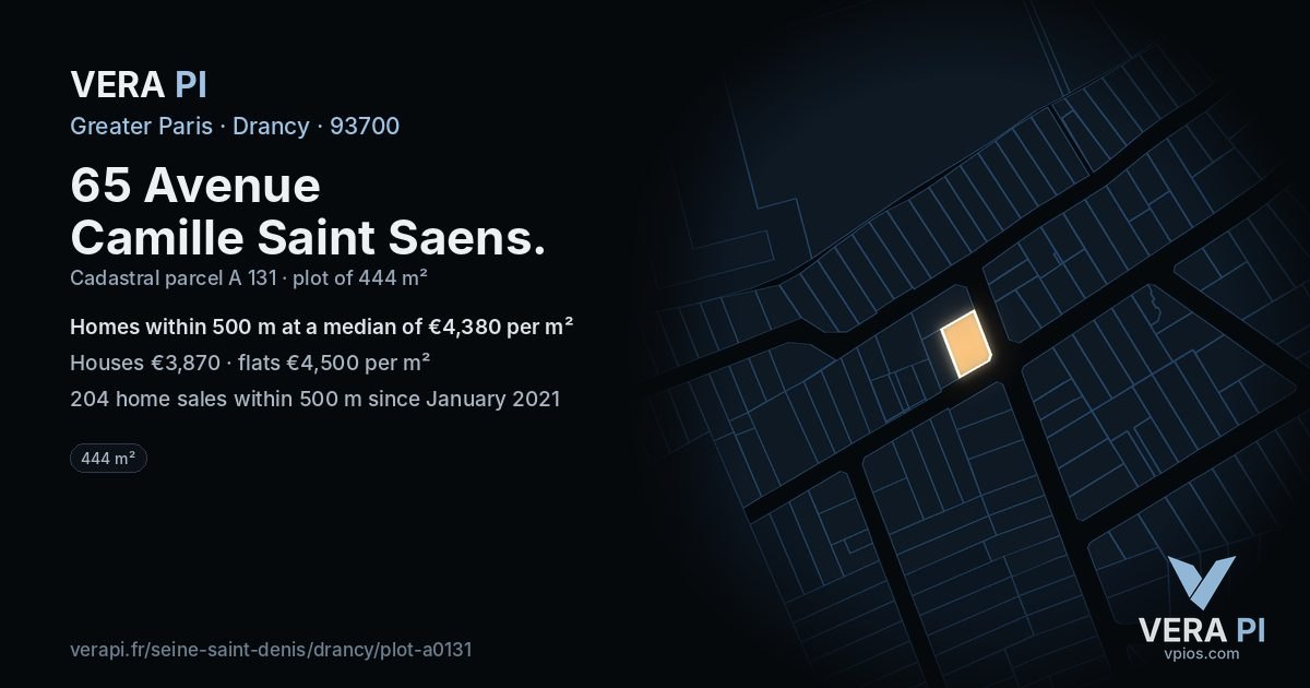 65 Avenue Camille Saint Saens, Drancy at night – the plot lit, the parcels around coloured by the prices near them