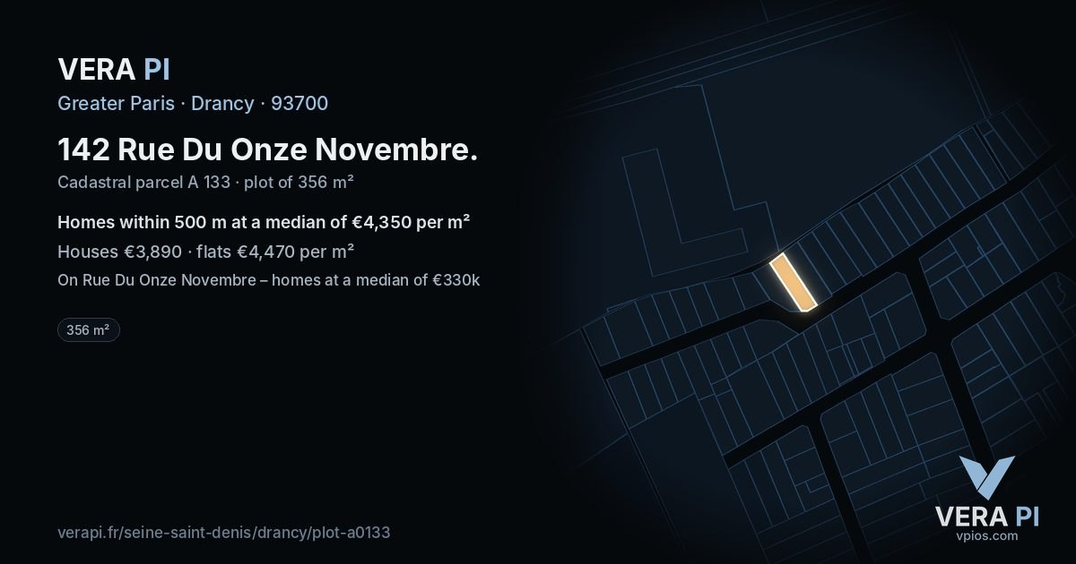 142 Rue Du Onze Novembre, Drancy at night – the plot lit, the parcels around coloured by the prices near them