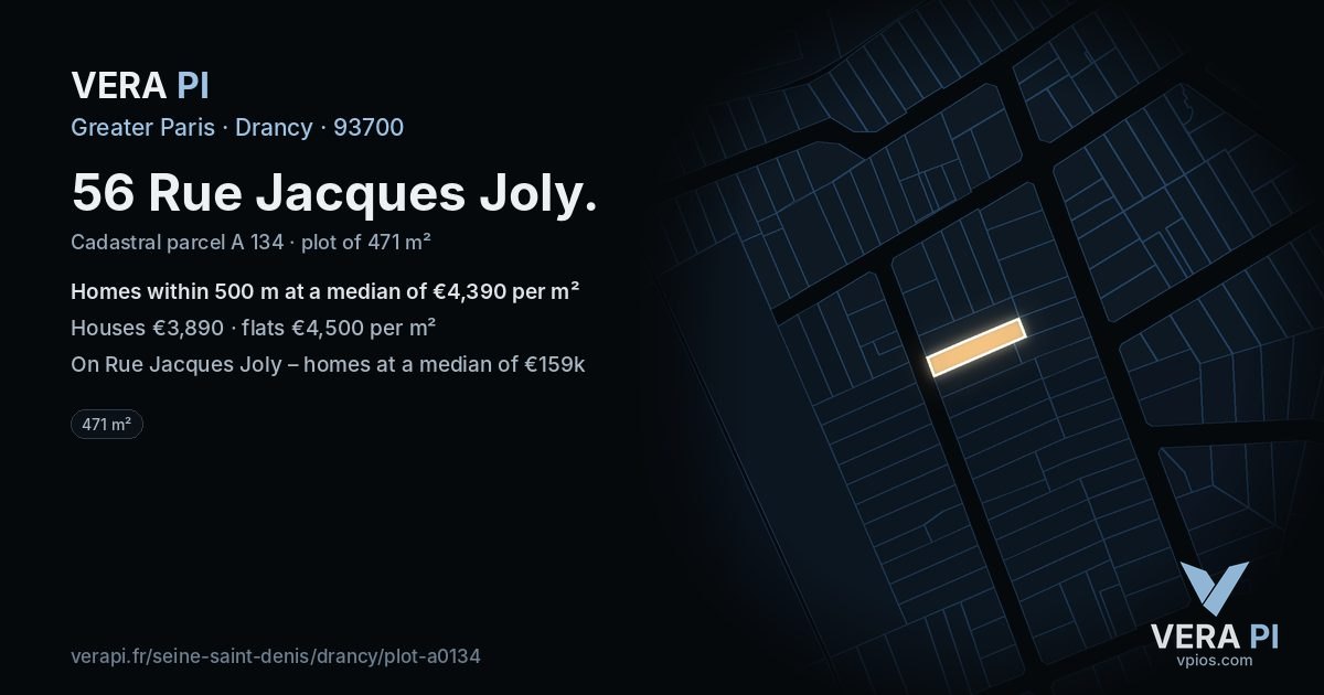 56 Rue Jacques Joly, Drancy at night – the plot lit, the parcels around coloured by the prices near them