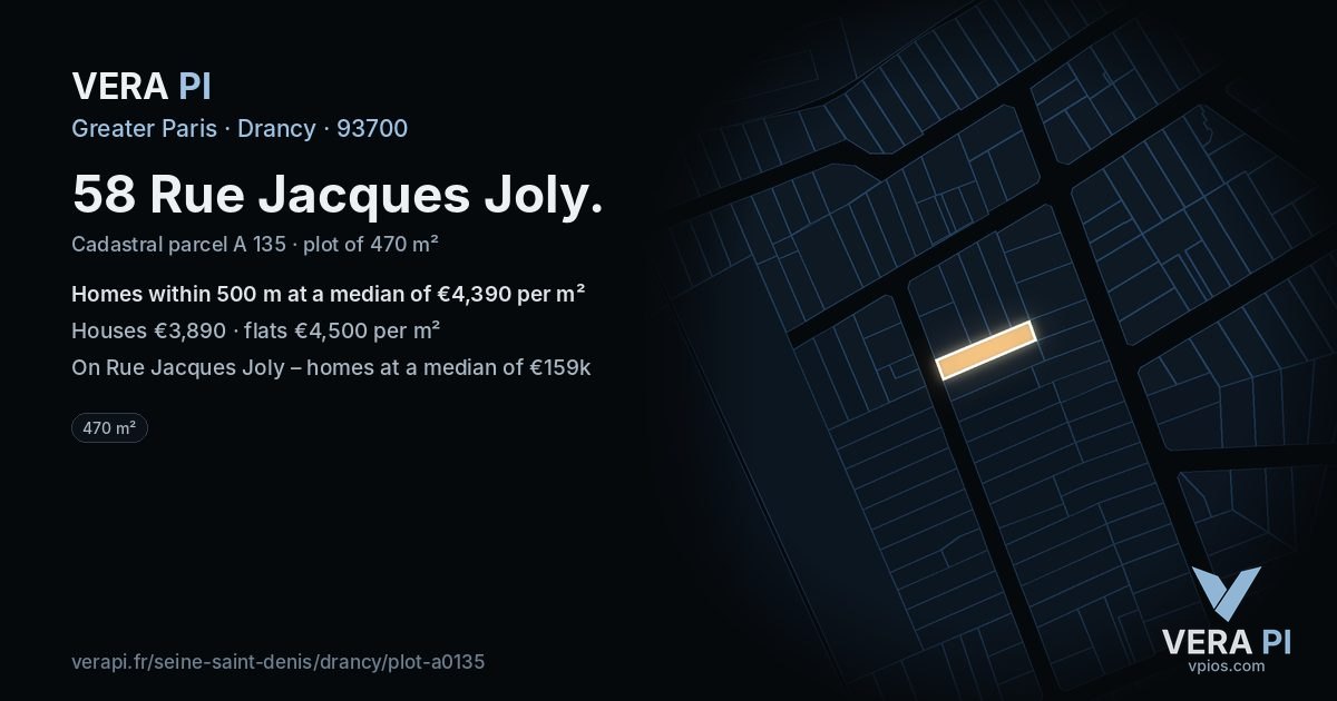 58 Rue Jacques Joly, Drancy at night – the plot lit, the parcels around coloured by the prices near them