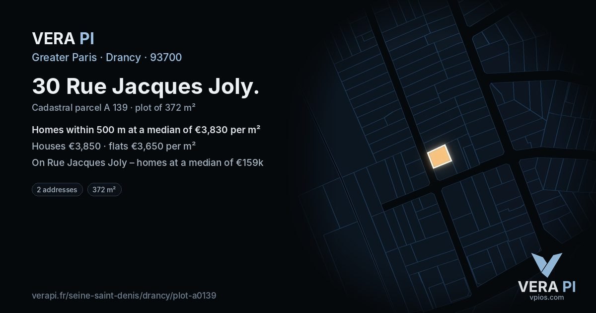 30 Rue Jacques Joly, Drancy at night – the plot lit, the parcels around coloured by the prices near them