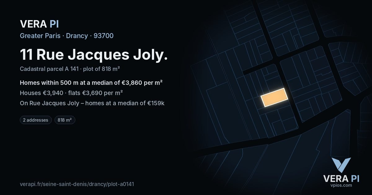 11 Rue Jacques Joly, Drancy at night – the plot lit, the parcels around coloured by the prices near them