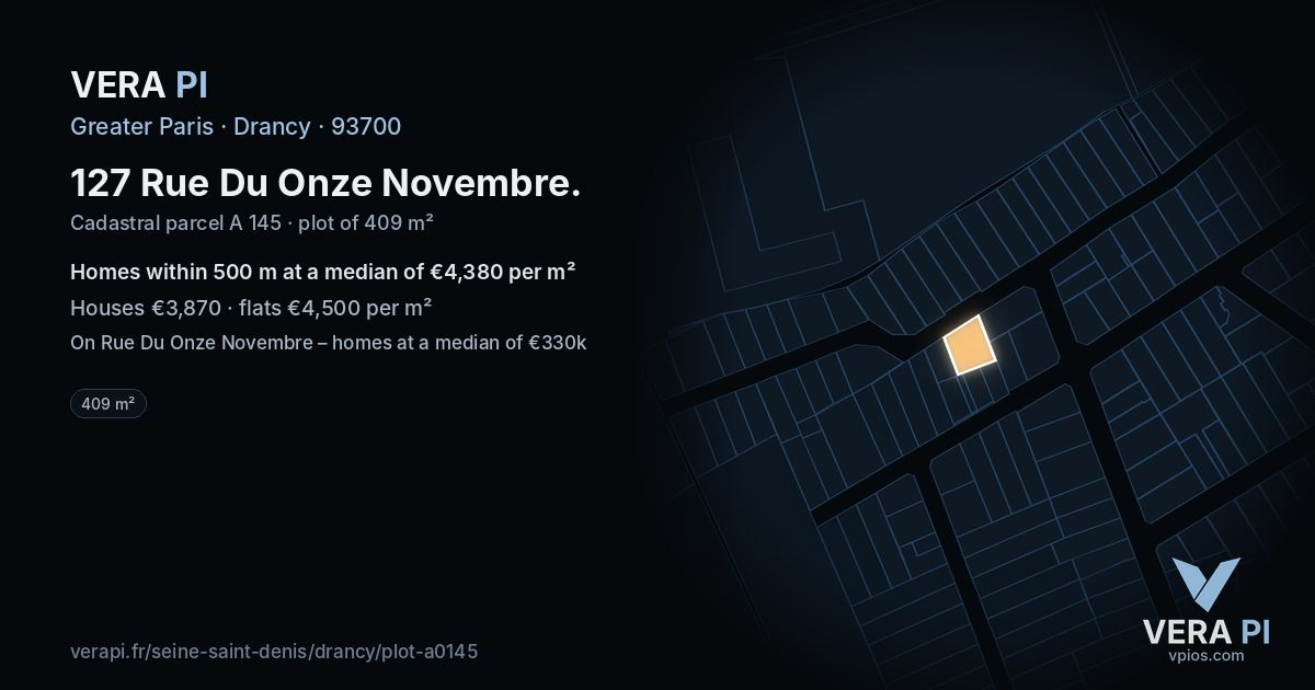 127 Rue Du Onze Novembre, Drancy at night – the plot lit, the parcels around coloured by the prices near them