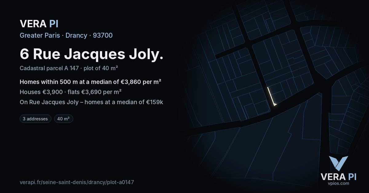 6 Rue Jacques Joly, Drancy at night – the plot lit, the parcels around coloured by the prices near them