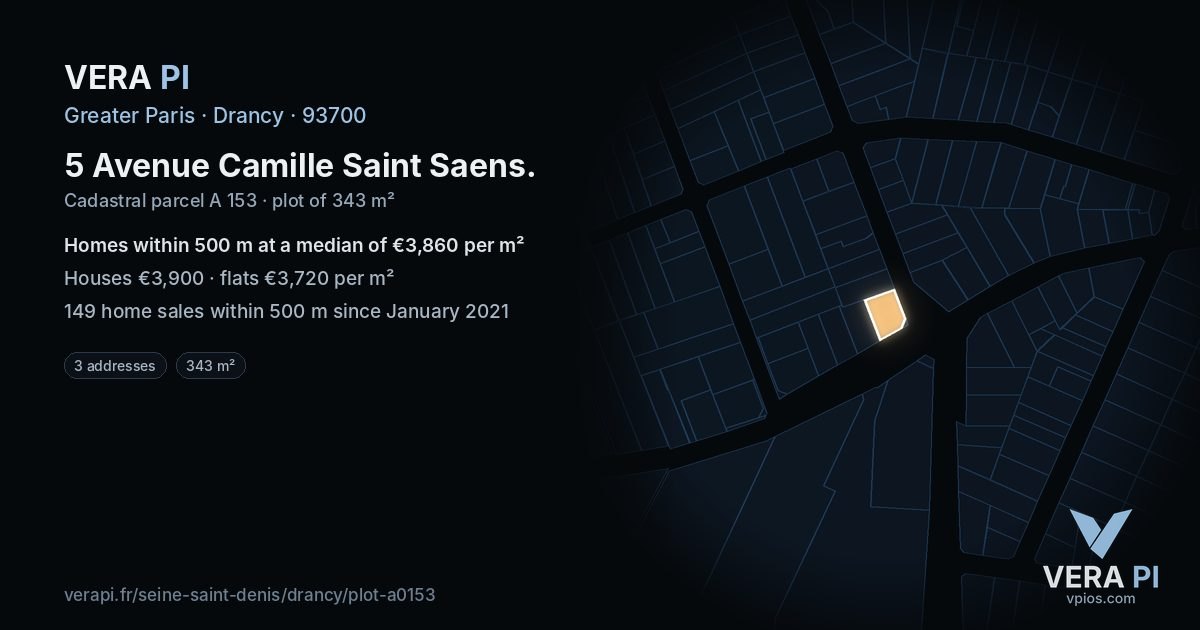5 Avenue Camille Saint Saens, Drancy at night – the plot lit, the parcels around coloured by the prices near them