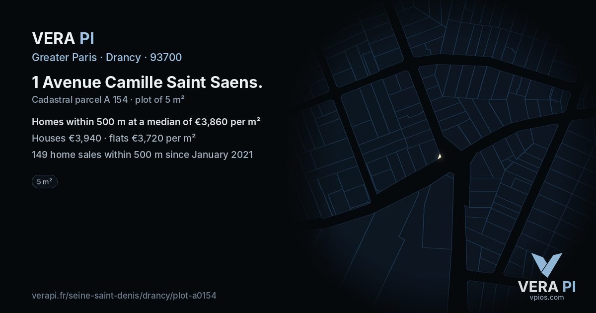 1 Avenue Camille Saint Saens, Drancy at night – the plot lit, the parcels around coloured by the prices near them