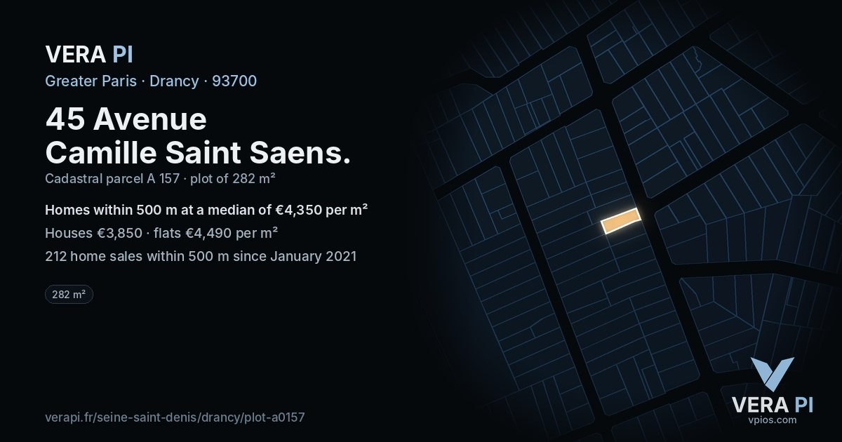 45 Avenue Camille Saint Saens, Drancy at night – the plot lit, the parcels around coloured by the prices near them