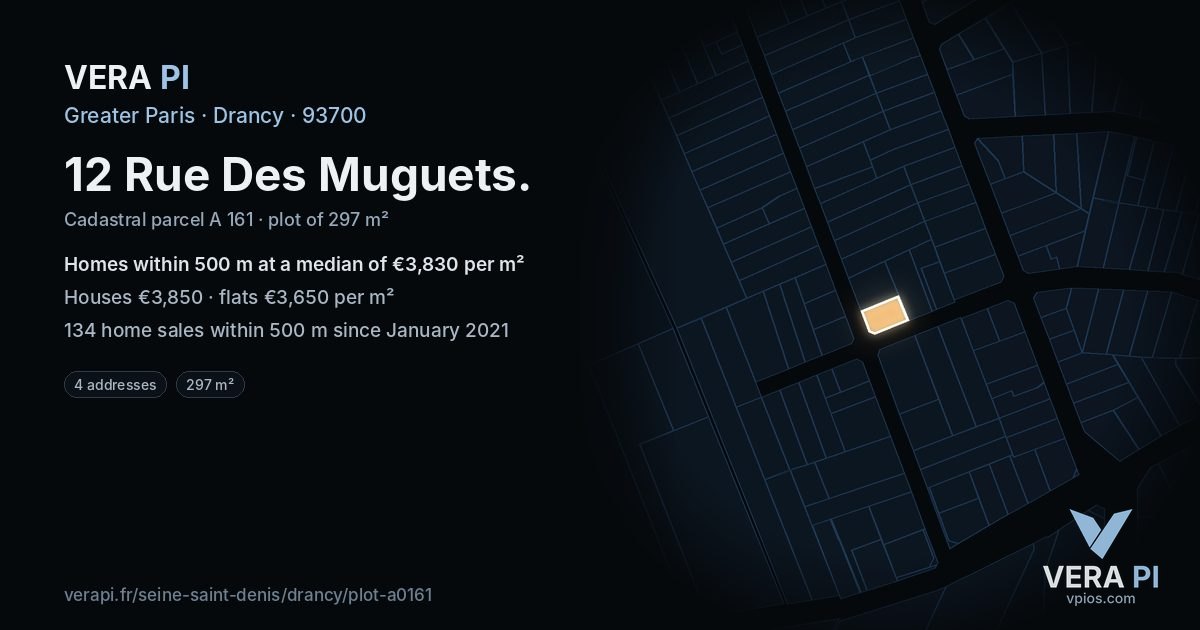 12 Rue Des Muguets, Drancy at night – the plot lit, the parcels around coloured by the prices near them