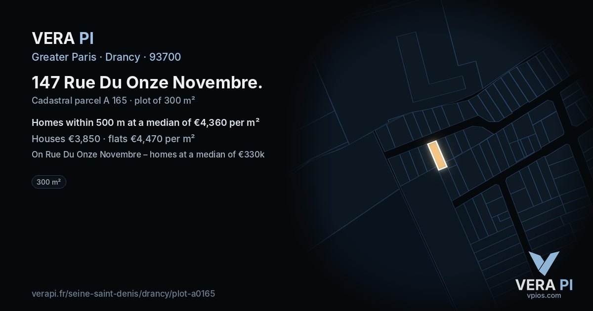 147 Rue Du Onze Novembre, Drancy at night – the plot lit, the parcels around coloured by the prices near them
