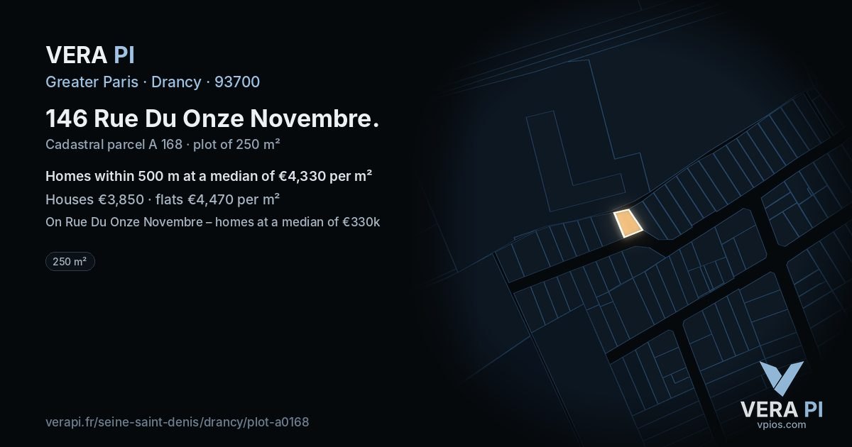 146 Rue Du Onze Novembre, Drancy at night – the plot lit, the parcels around coloured by the prices near them