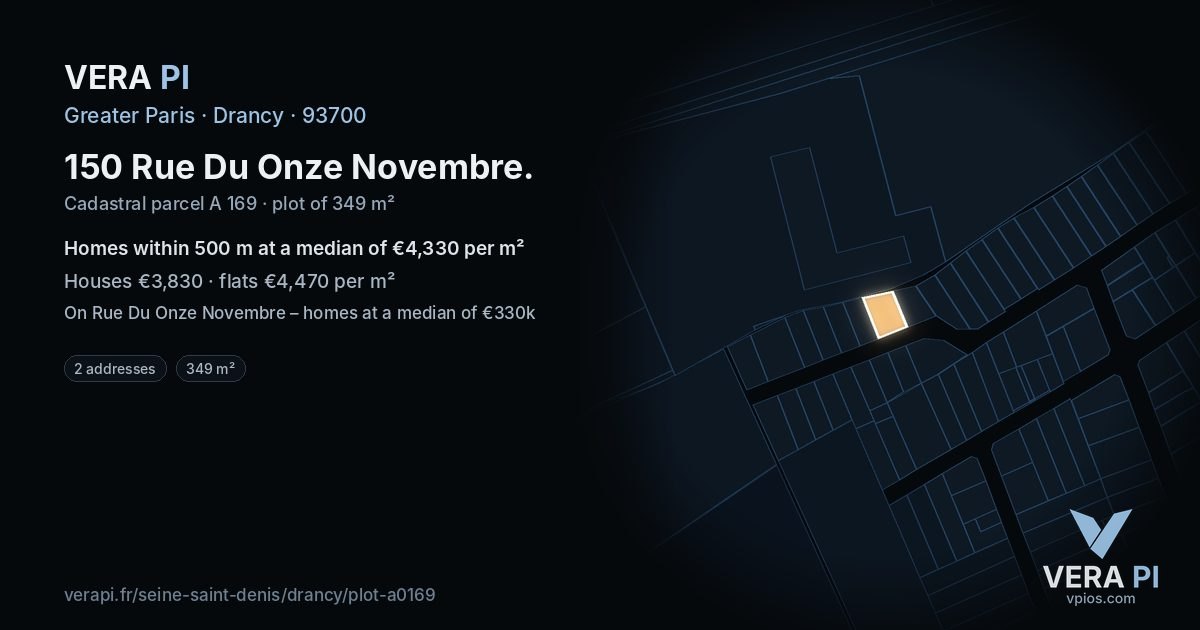150 Rue Du Onze Novembre, Drancy at night – the plot lit, the parcels around coloured by the prices near them