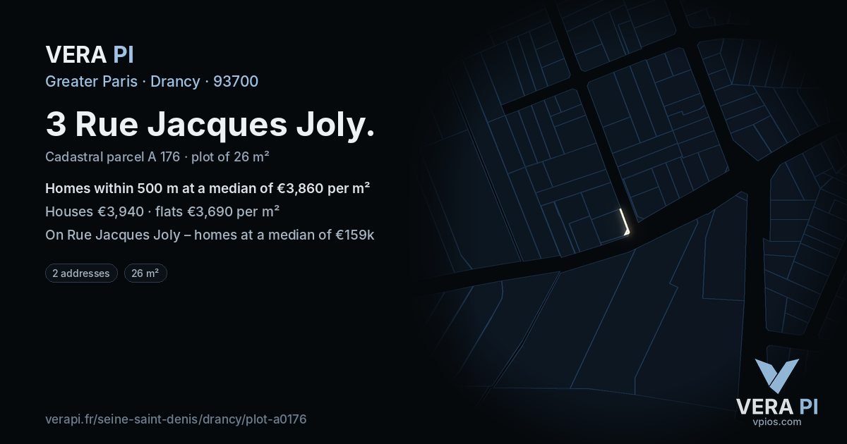 3 Rue Jacques Joly, Drancy at night – the plot lit, the parcels around coloured by the prices near them