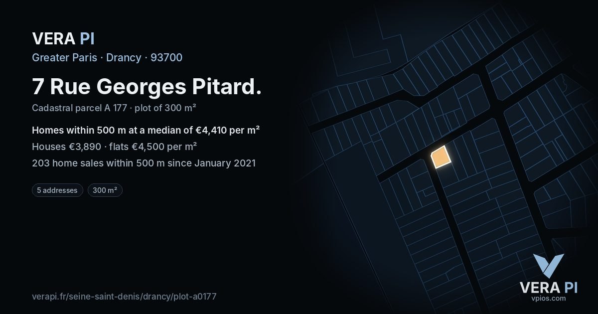 7 Rue Georges Pitard, Drancy at night – the plot lit, the parcels around coloured by the prices near them