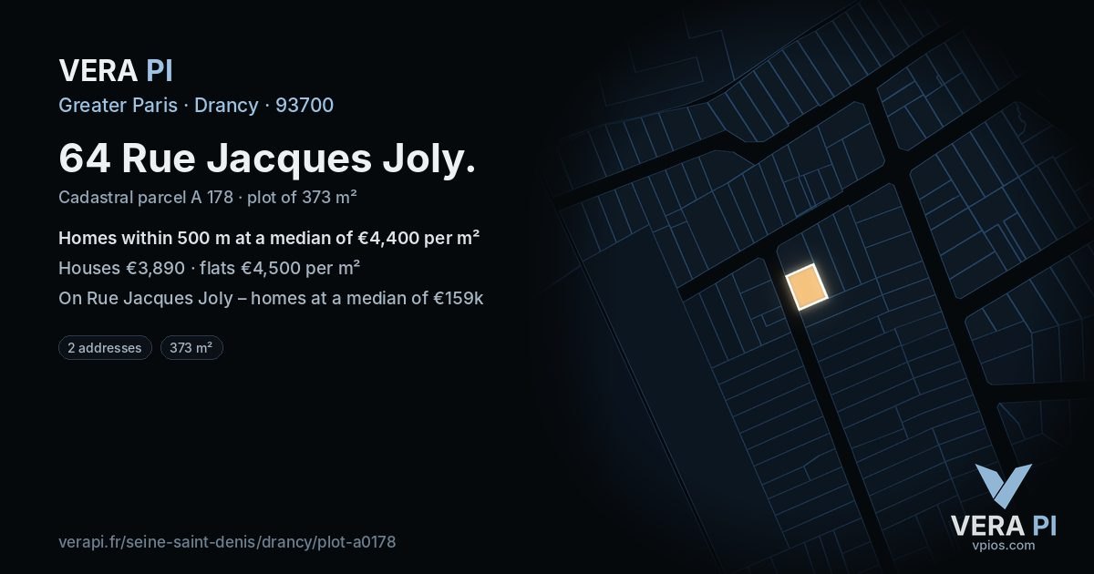 64 Rue Jacques Joly, Drancy at night – the plot lit, the parcels around coloured by the prices near them