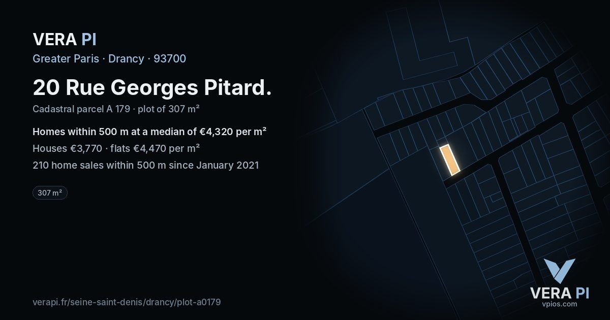 20 Rue Georges Pitard, Drancy at night – the plot lit, the parcels around coloured by the prices near them