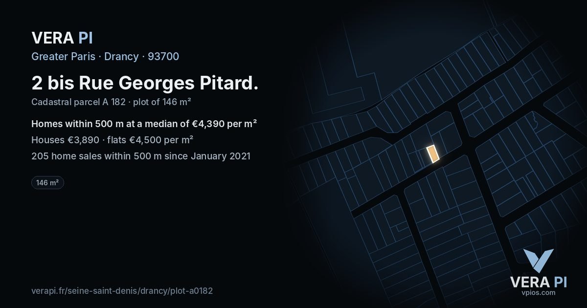 2 bis Rue Georges Pitard, Drancy at night – the plot lit, the parcels around coloured by the prices near them