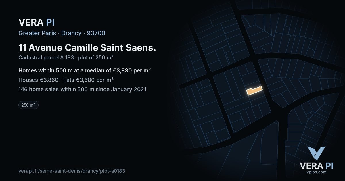 11 Avenue Camille Saint Saens, Drancy at night – the plot lit, the parcels around coloured by the prices near them
