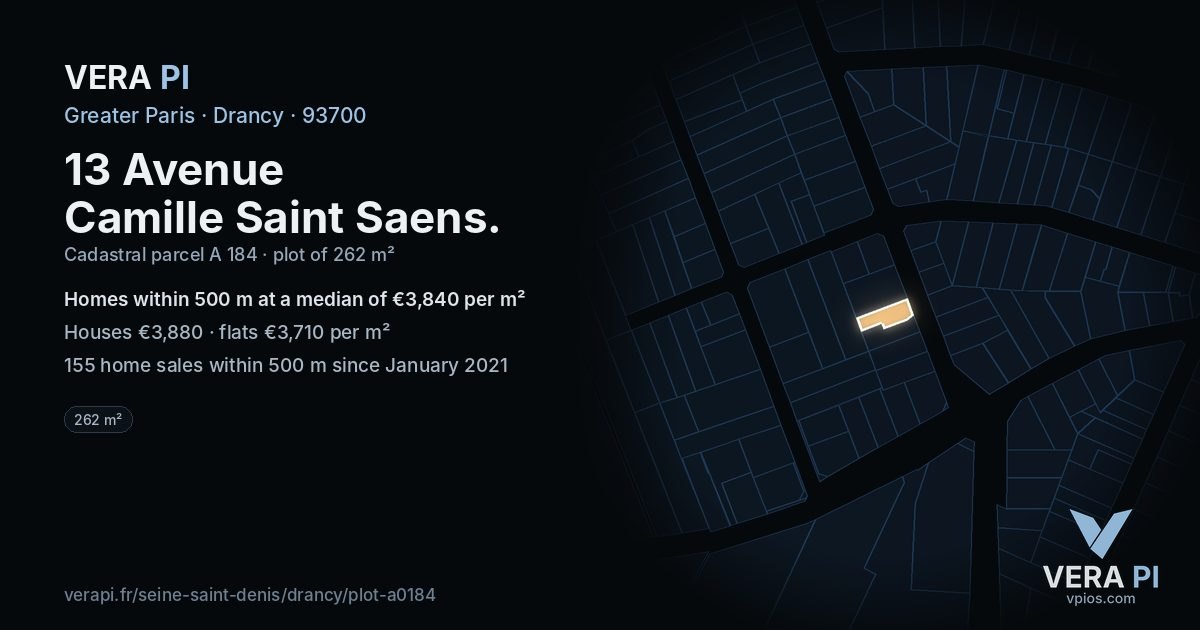 13 Avenue Camille Saint Saens, Drancy at night – the plot lit, the parcels around coloured by the prices near them