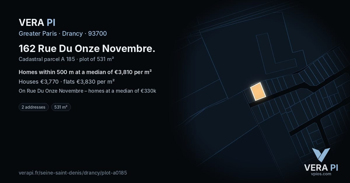 162 Rue Du Onze Novembre, Drancy at night – the plot lit, the parcels around coloured by the prices near them
