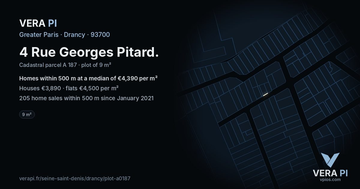 4 Rue Georges Pitard, Drancy at night – the plot lit, the parcels around coloured by the prices near them