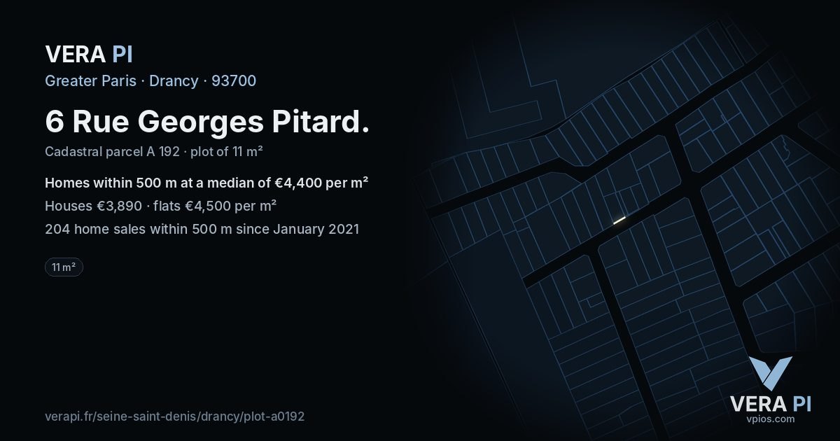 6 Rue Georges Pitard, Drancy at night – the plot lit, the parcels around coloured by the prices near them