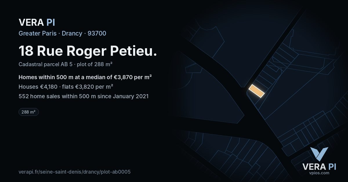 18 Rue Roger Petieu, Drancy at night – the plot lit, the parcels around coloured by the prices near them