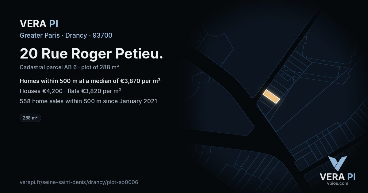 20 Rue Roger Petieu, Drancy at night – the plot lit, the parcels around coloured by the prices near them