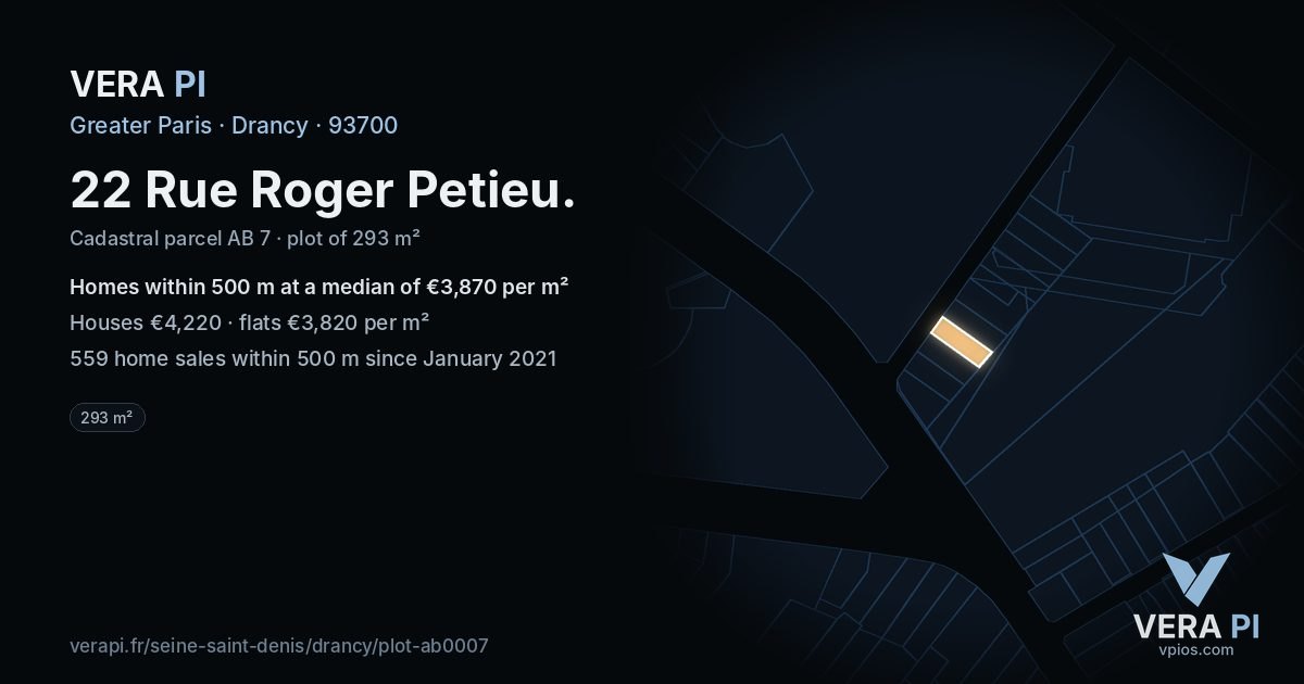 22 Rue Roger Petieu, Drancy at night – the plot lit, the parcels around coloured by the prices near them