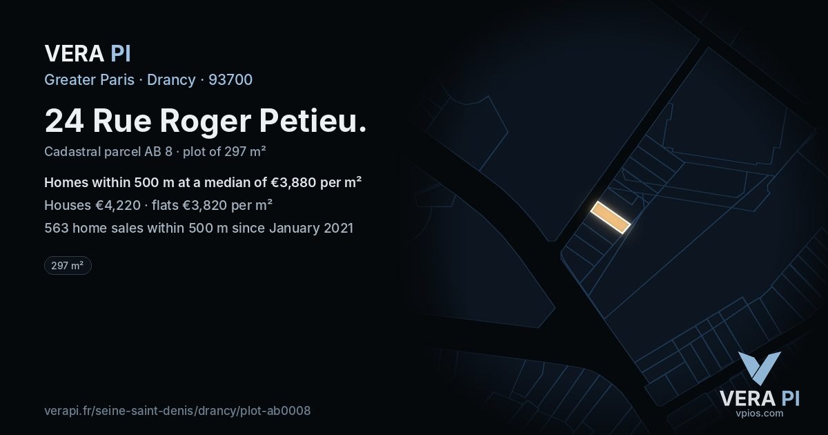 24 Rue Roger Petieu, Drancy at night – the plot lit, the parcels around coloured by the prices near them