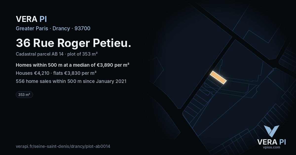 36 Rue Roger Petieu, Drancy at night – the plot lit, the parcels around coloured by the prices near them