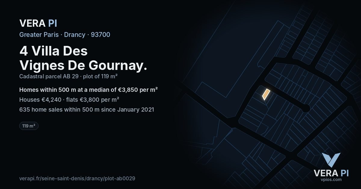 4 Villa Des Vignes De Gournay, Drancy at night – the plot lit, the parcels around coloured by the prices near them