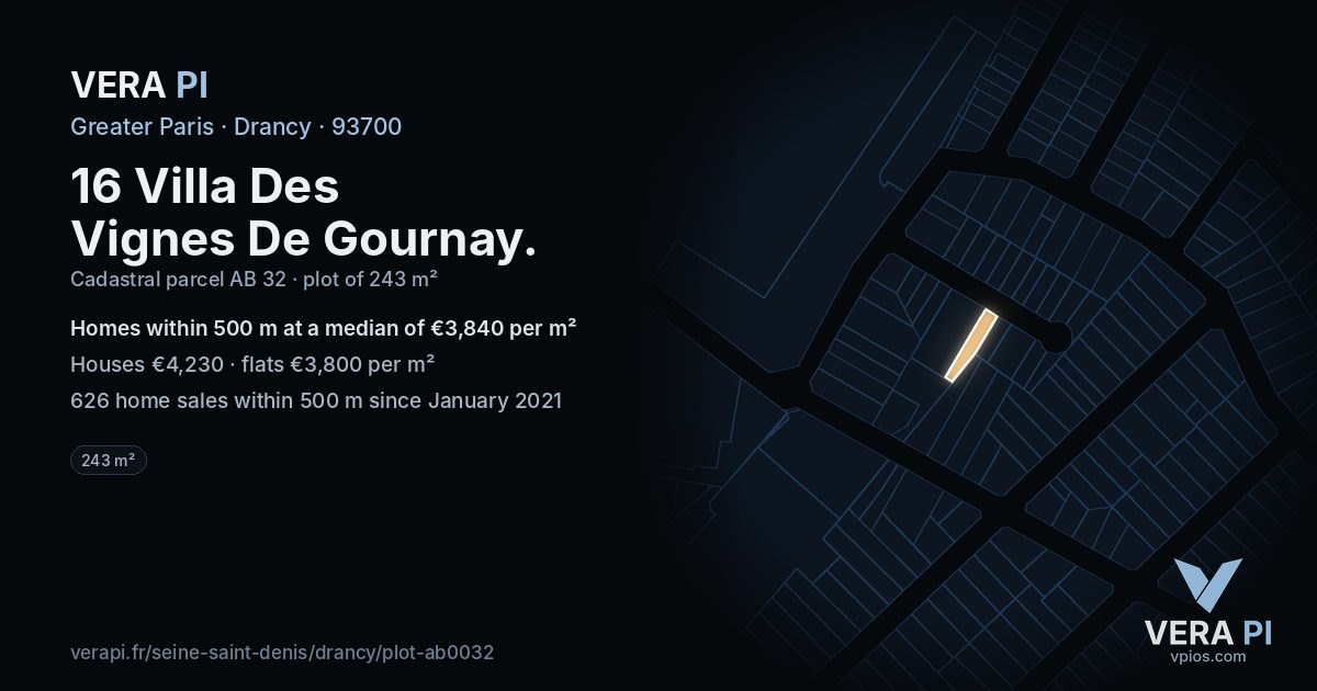 16 Villa Des Vignes De Gournay, Drancy at night – the plot lit, the parcels around coloured by the prices near them