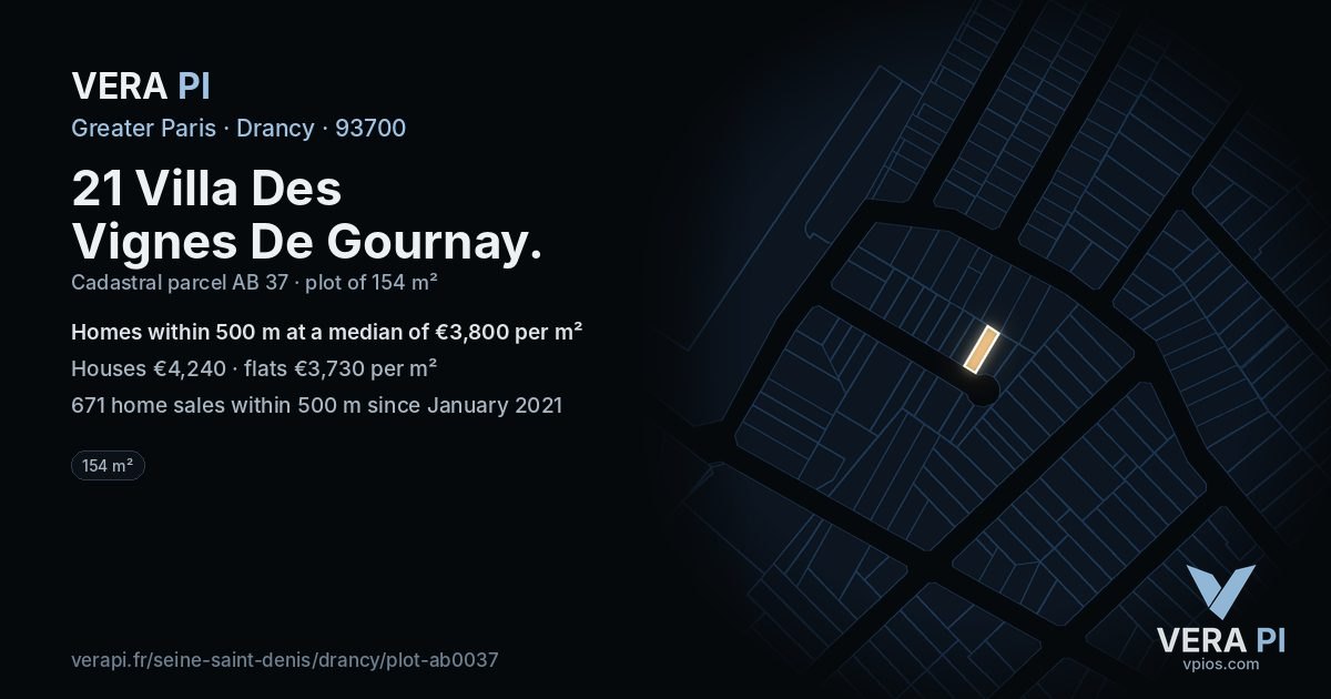 21 Villa Des Vignes De Gournay, Drancy at night – the plot lit, the parcels around coloured by the prices near them