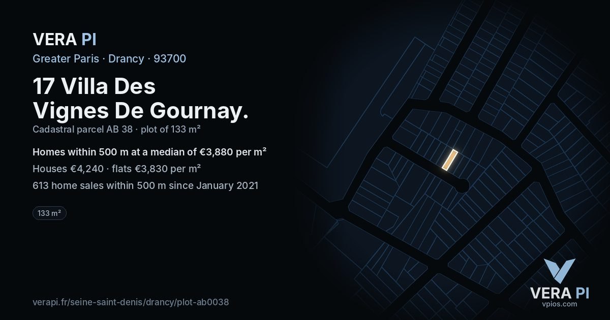 17 Villa Des Vignes De Gournay, Drancy at night – the plot lit, the parcels around coloured by the prices near them