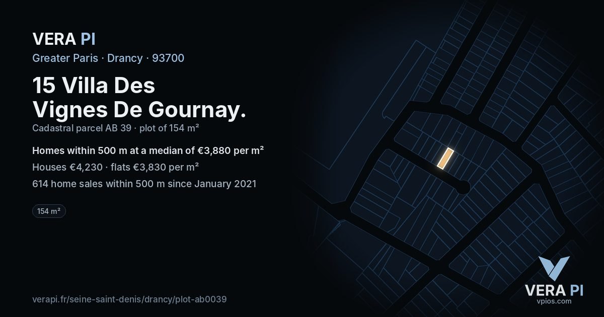 15 Villa Des Vignes De Gournay, Drancy at night – the plot lit, the parcels around coloured by the prices near them