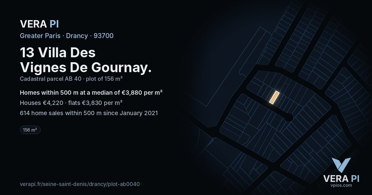 13 Villa Des Vignes De Gournay, Drancy at night – the plot lit, the parcels around coloured by the prices near them