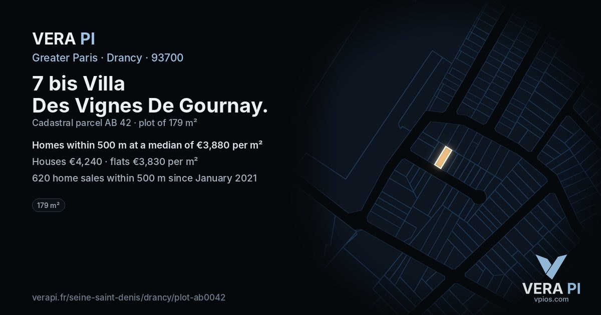 7 bis Villa Des Vignes De Gournay, Drancy at night – the plot lit, the parcels around coloured by the prices near them
