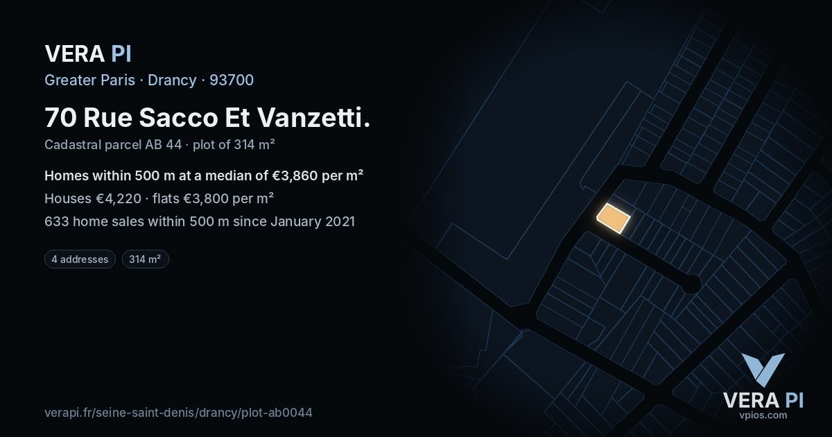 70 Rue Sacco Et Vanzetti, Drancy at night – the plot lit, the parcels around coloured by the prices near them