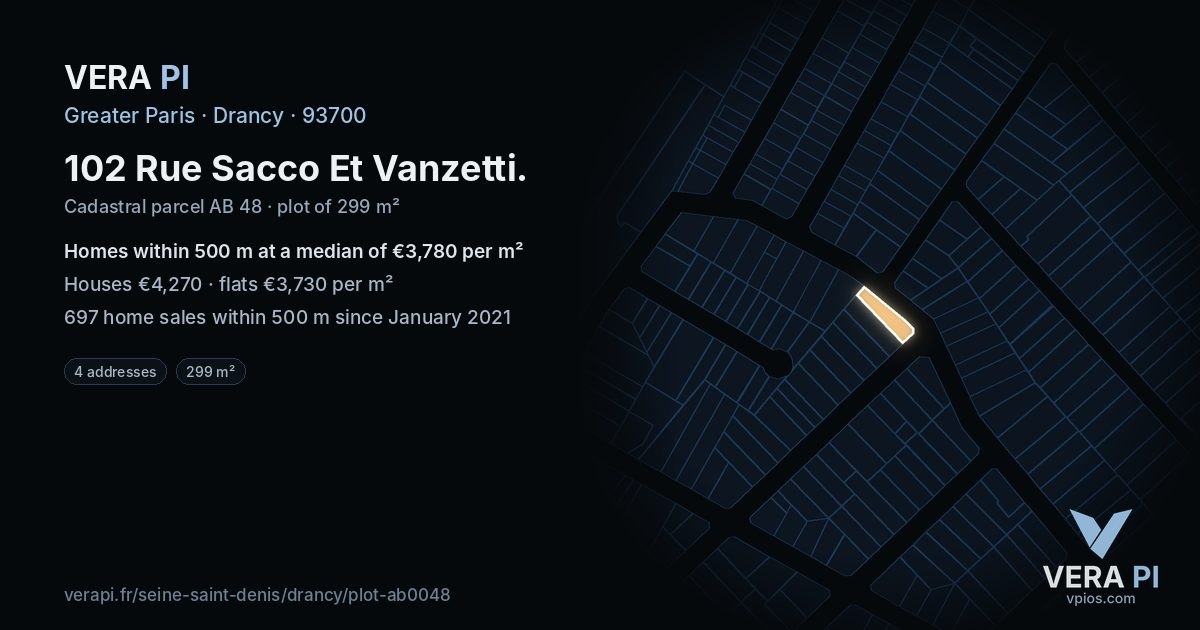 102 Rue Sacco Et Vanzetti, Drancy at night – the plot lit, the parcels around coloured by the prices near them
