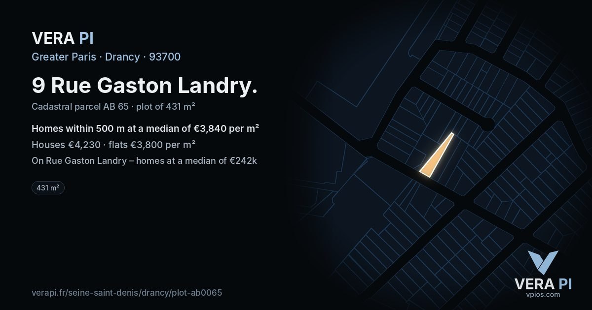 9 Rue Gaston Landry, Drancy at night – the plot lit, the parcels around coloured by the prices near them