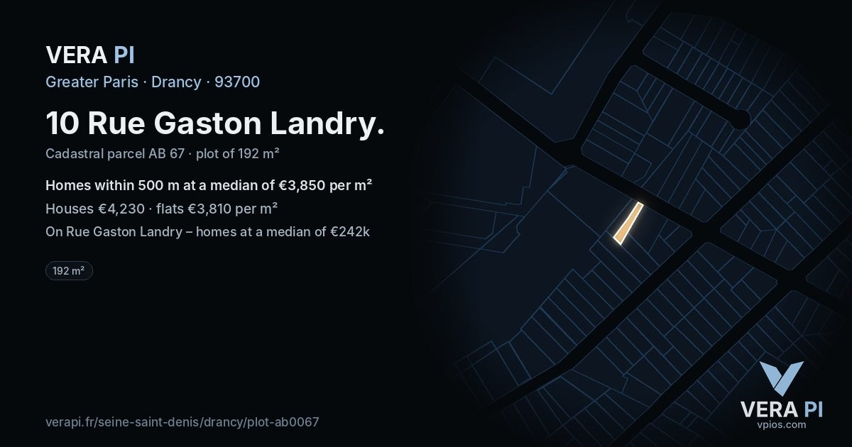 10 Rue Gaston Landry, Drancy at night – the plot lit, the parcels around coloured by the prices near them