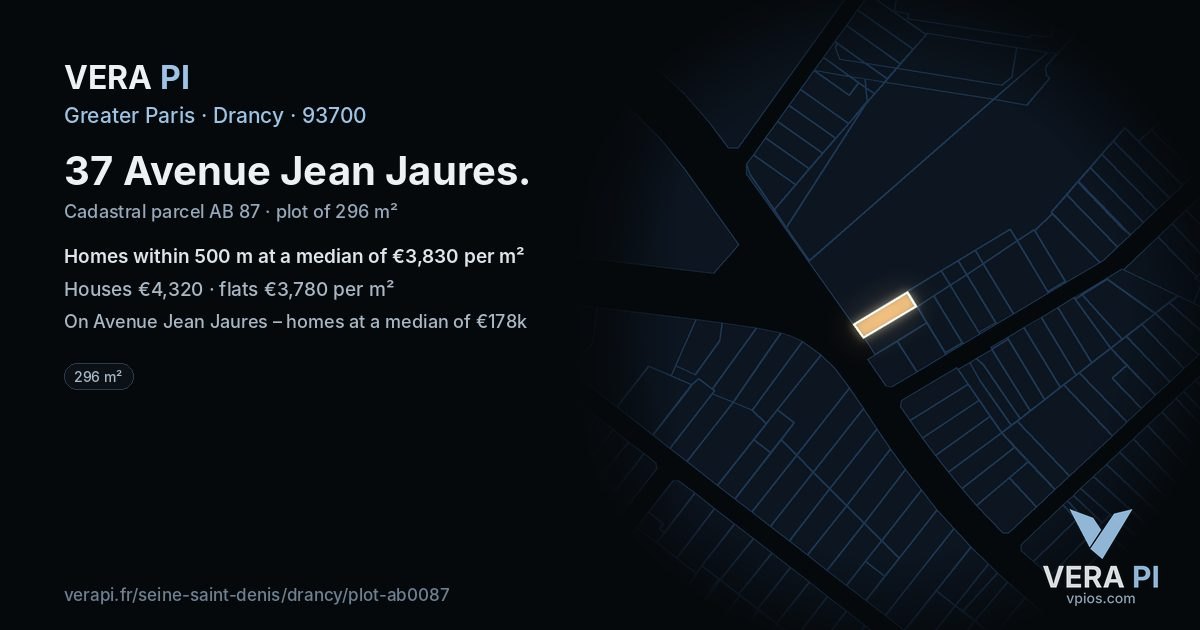 37 Avenue Jean Jaures, Drancy at night – the plot lit, the parcels around coloured by the prices near them