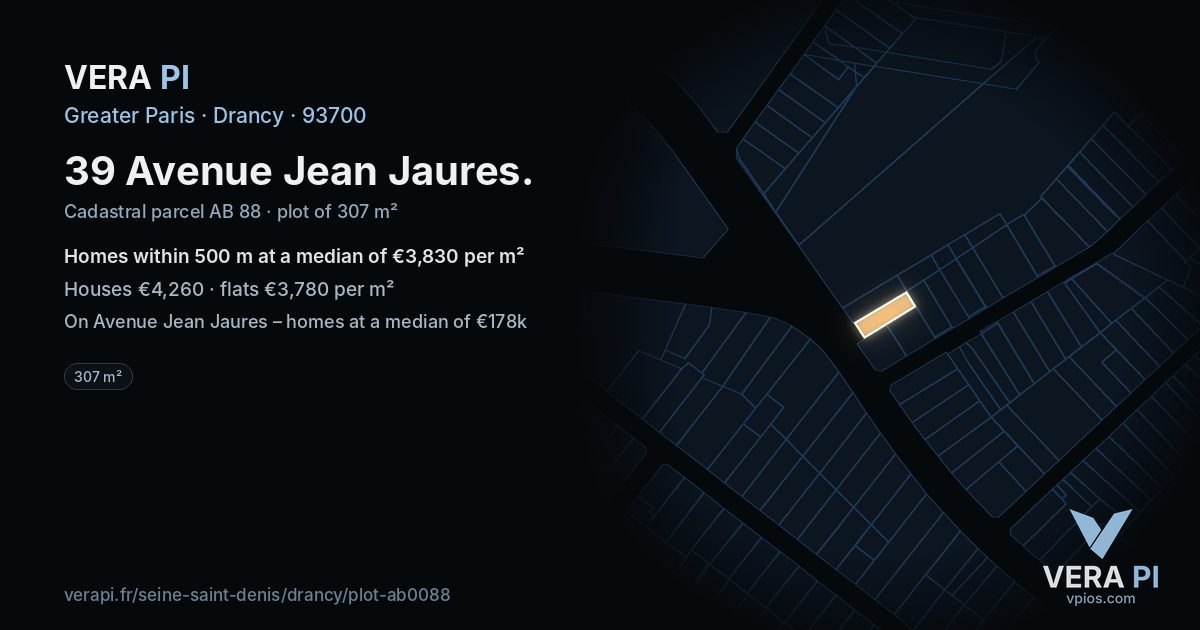 39 Avenue Jean Jaures, Drancy at night – the plot lit, the parcels around coloured by the prices near them