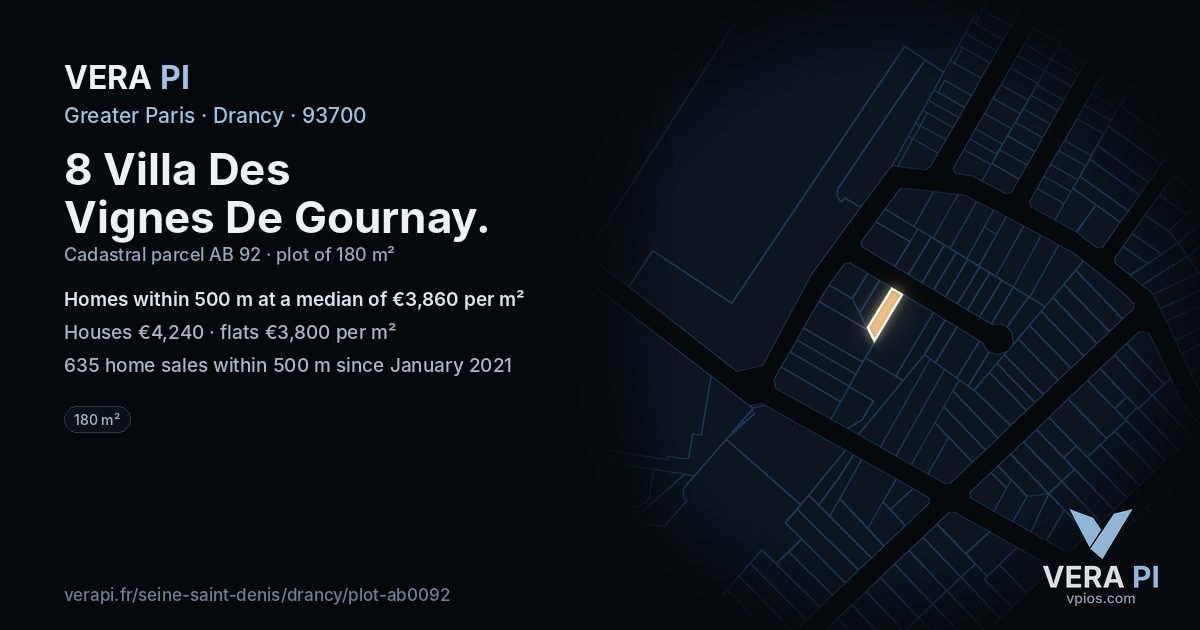 8 Villa Des Vignes De Gournay, Drancy at night – the plot lit, the parcels around coloured by the prices near them