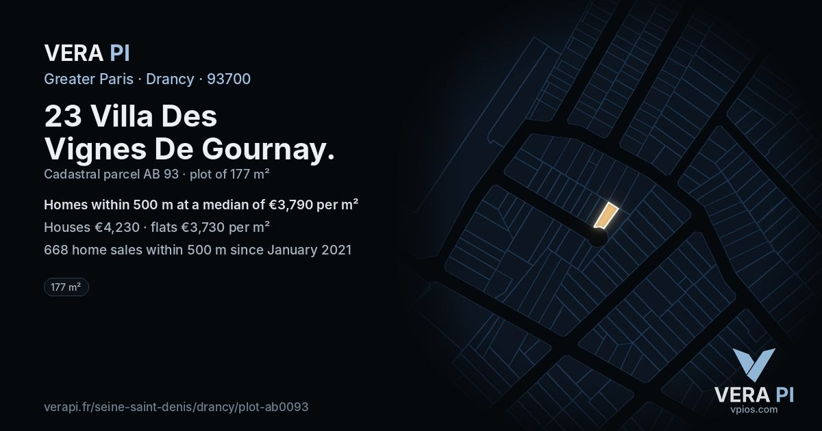 23 Villa Des Vignes De Gournay, Drancy at night – the plot lit, the parcels around coloured by the prices near them
