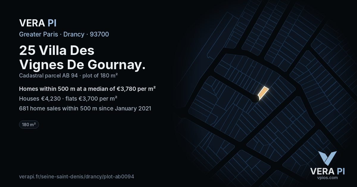 25 Villa Des Vignes De Gournay, Drancy at night – the plot lit, the parcels around coloured by the prices near them