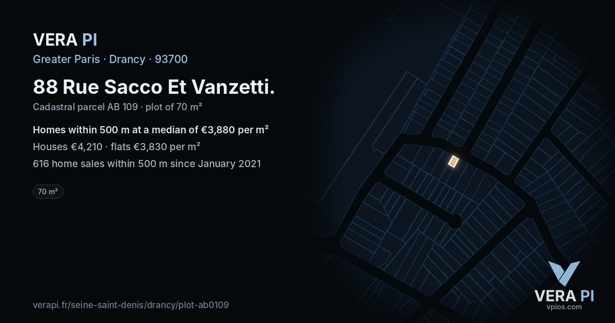 88 Rue Sacco Et Vanzetti, Drancy at night – the plot lit, the parcels around coloured by the prices near them